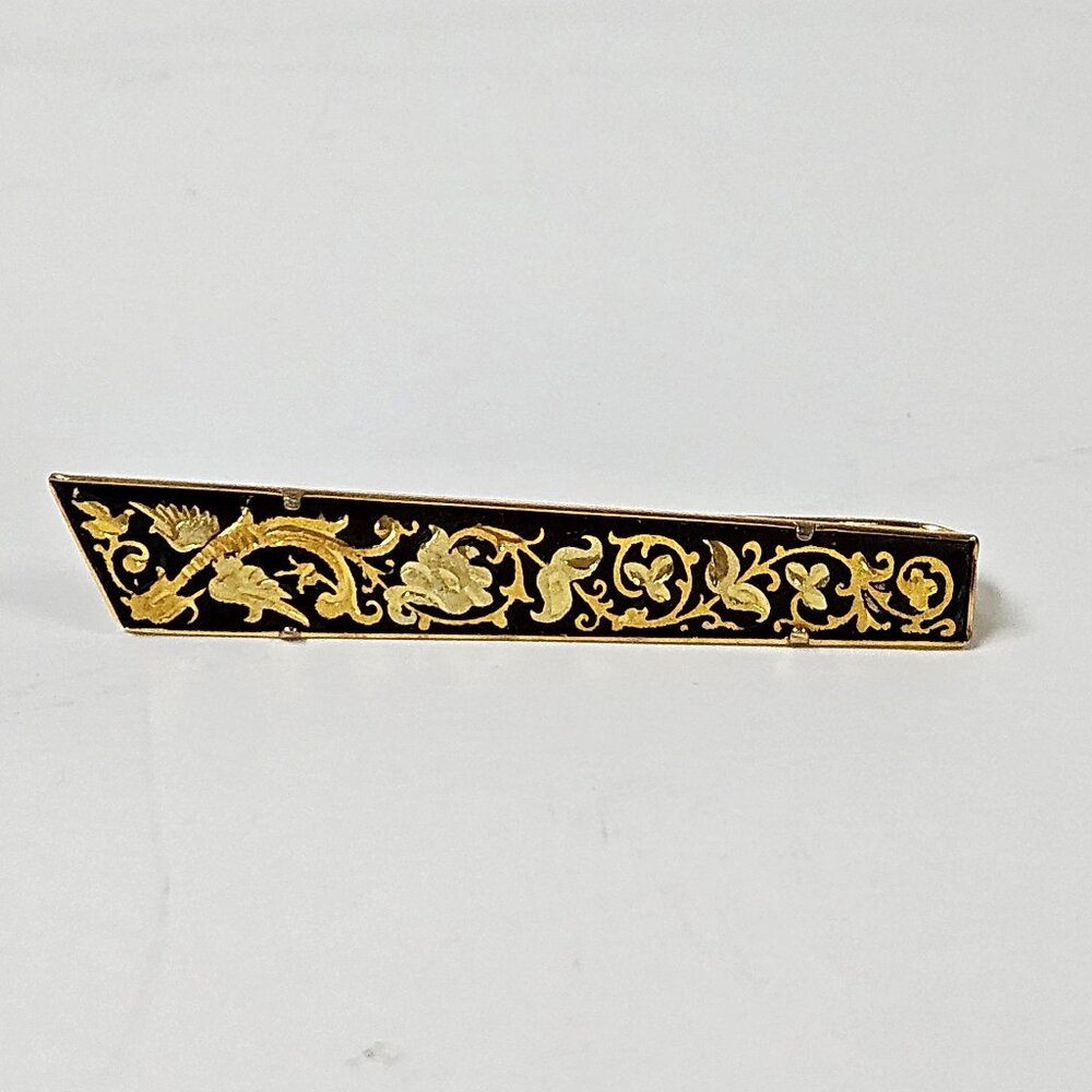 Vintage Damascene Tie Clip Black Gold Tone Toledo Spain Style Men's Tie Bar /C-2